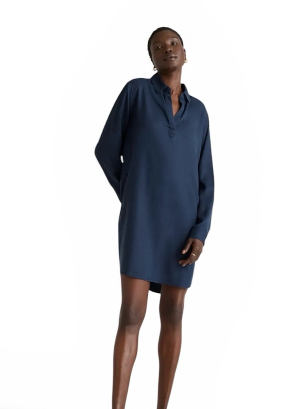 Quince Vintage Wash Tencel Roll Sleeve Tunic Dress | M | Midnight Blue | Classic